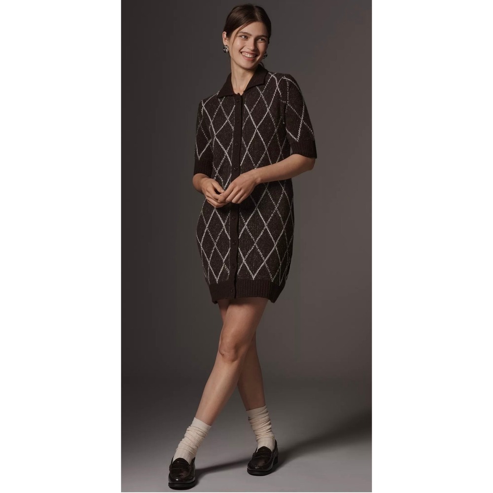 Anthropologie Rhinestone Sweater Shift Dress Argyle Brown Short Sleeve XL NWT‎